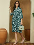 Janasya Women's Green Pure Cotton Floral Printed Fit & Flare Dress